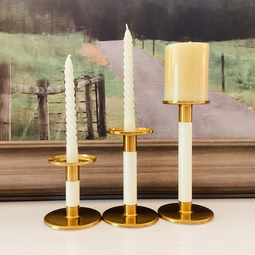 set of 3 IKEA Glittrig candlesticks gold and ivory Discontinued Tapered Pillar